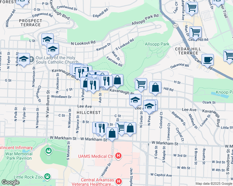 map of restaurants, bars, coffee shops, grocery stores, and more near 4220 Woodlawn Drive in Little Rock