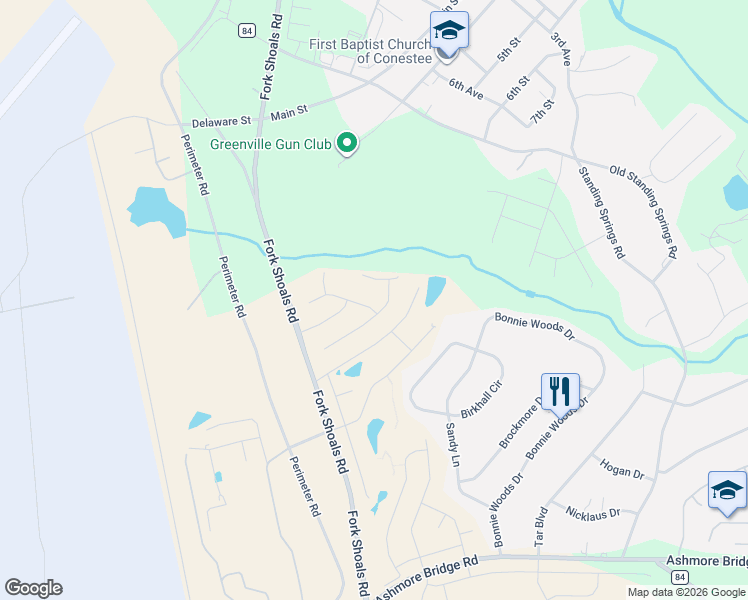 map of restaurants, bars, coffee shops, grocery stores, and more near 104 Baldric Drive in Greenville