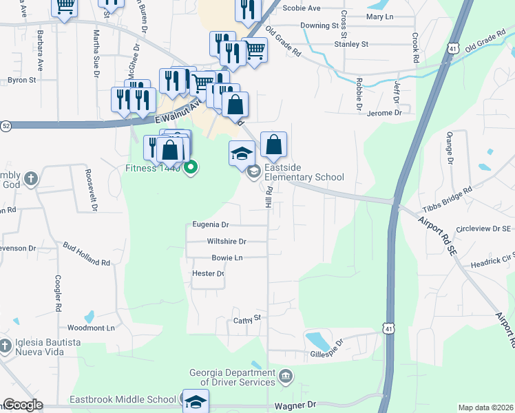 map of restaurants, bars, coffee shops, grocery stores, and more near 145 Debbie Way in Dalton