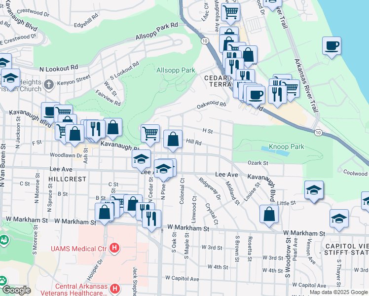 map of restaurants, bars, coffee shops, grocery stores, and more near 1923 Kavanaugh Boulevard in Little Rock