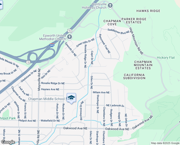 map of restaurants, bars, coffee shops, grocery stores, and more near 2315 Giles Drive Northeast in Huntsville