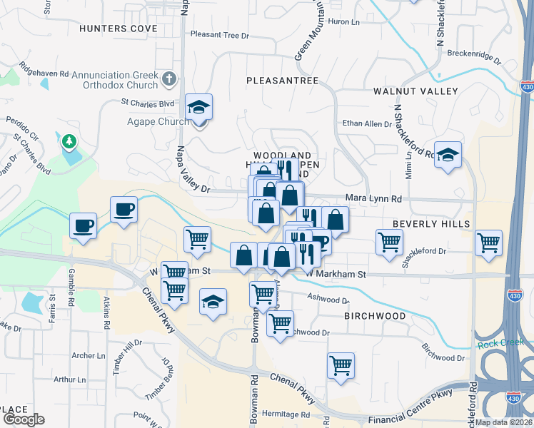 map of restaurants, bars, coffee shops, grocery stores, and more near 303 North Bowman Road in Little Rock