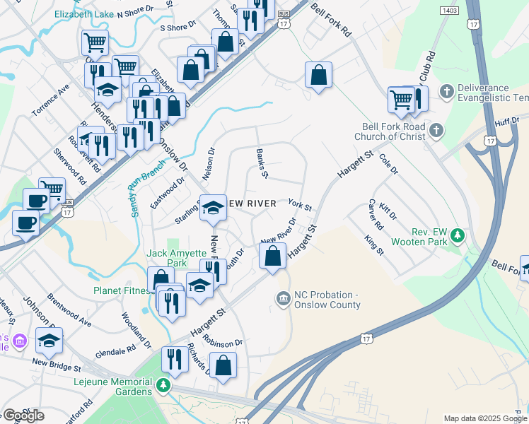 map of restaurants, bars, coffee shops, grocery stores, and more near 237 York Street in Jacksonville