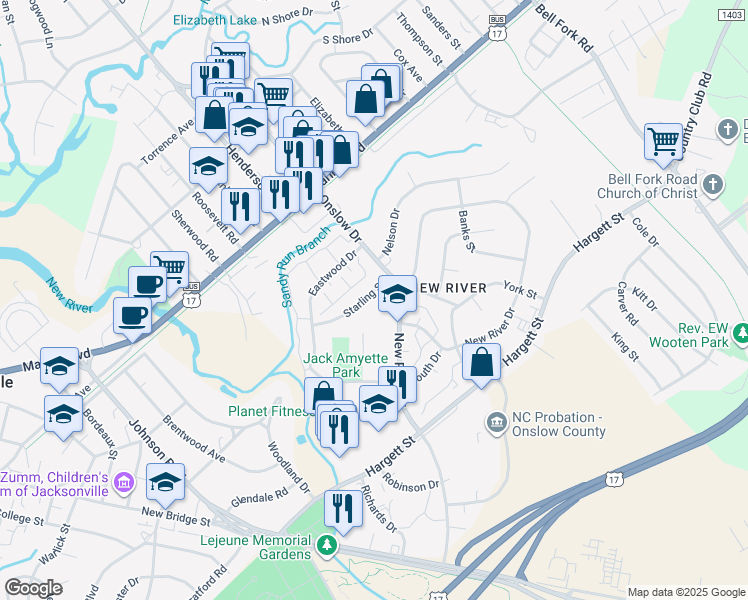 map of restaurants, bars, coffee shops, grocery stores, and more near 322 Starling Street in Jacksonville