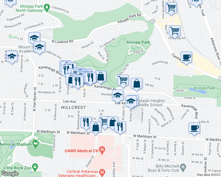 map of restaurants, bars, coffee shops, grocery stores, and more near 2300 Kavanaugh Boulevard in Little Rock