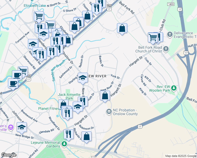 map of restaurants, bars, coffee shops, grocery stores, and more near 243 York Street in Jacksonville
