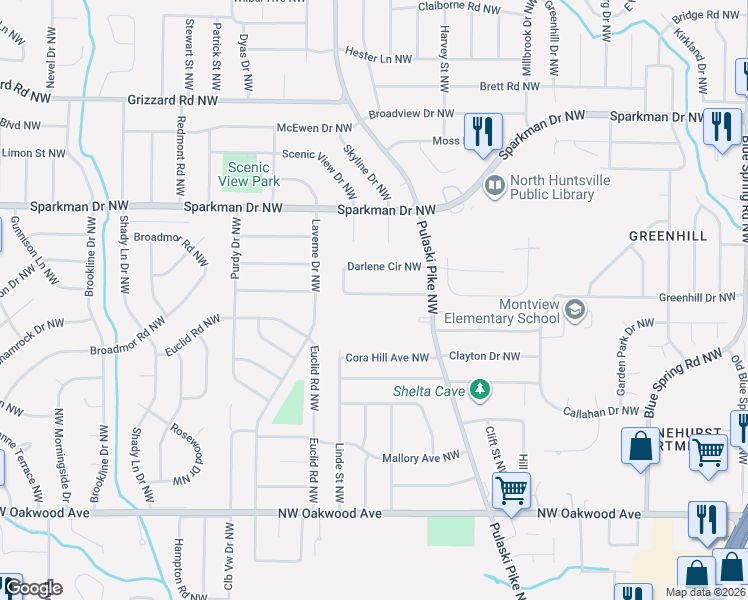map of restaurants, bars, coffee shops, grocery stores, and more near 3413 Darlene Circle Northwest in Huntsville