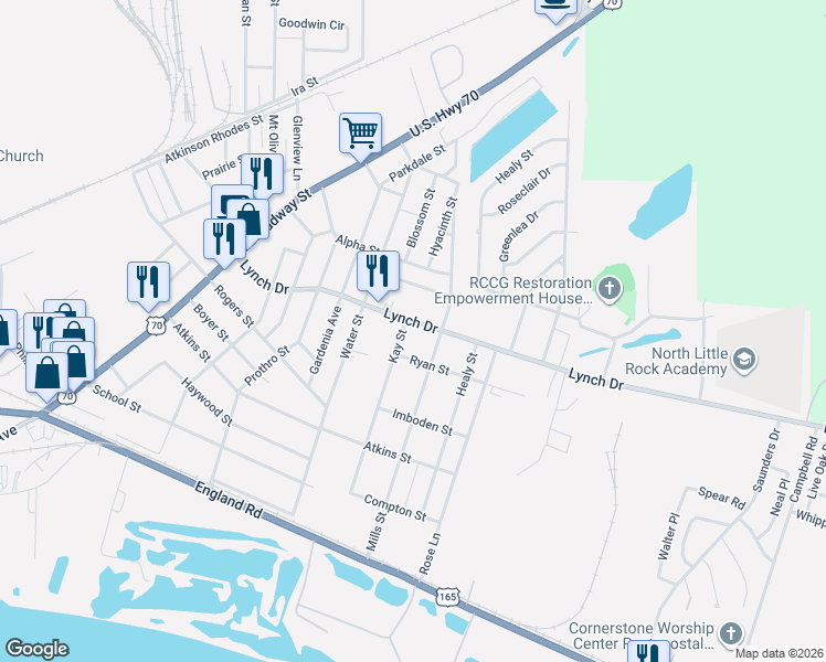 map of restaurants, bars, coffee shops, grocery stores, and more near 500 Kay Street in North Little Rock