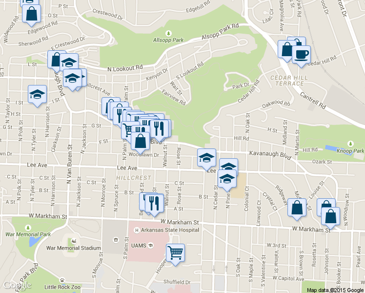 map of restaurants, bars, coffee shops, grocery stores, and more near 4220 Woodlawn Drive in Little Rock