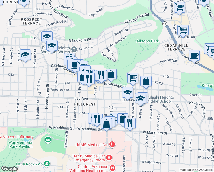 map of restaurants, bars, coffee shops, grocery stores, and more near 4411 Woodlawn Drive in Little Rock