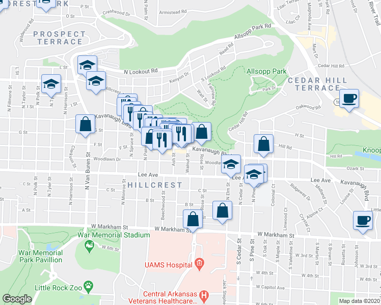 map of restaurants, bars, coffee shops, grocery stores, and more near 4411 Woodlawn Drive in Little Rock