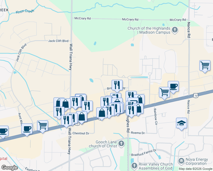 map of restaurants, bars, coffee shops, grocery stores, and more near 7830 Highway 72 West in Madison