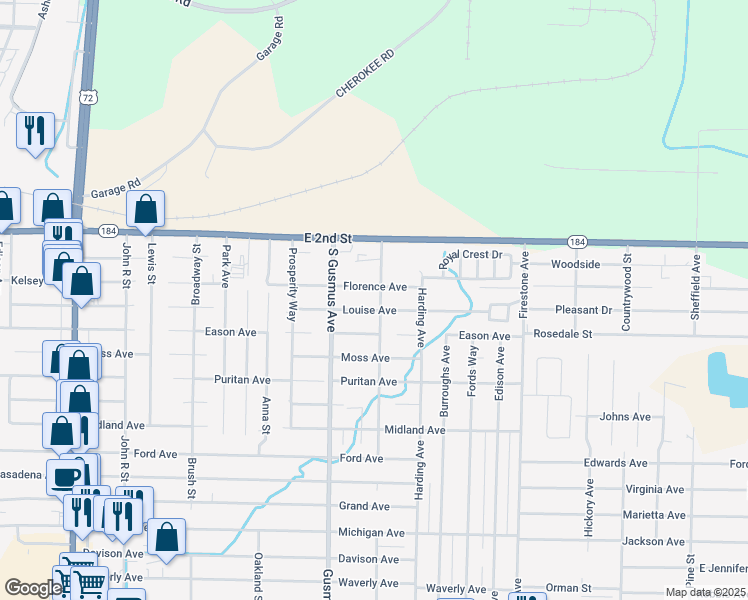 map of restaurants, bars, coffee shops, grocery stores, and more near 1100-1198 Louise Avenue in Muscle Shoals