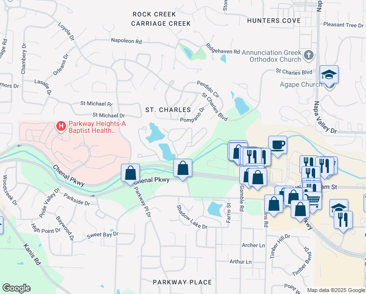 map of restaurants, bars, coffee shops, grocery stores, and more near 13500 Chenal Parkway in Little Rock