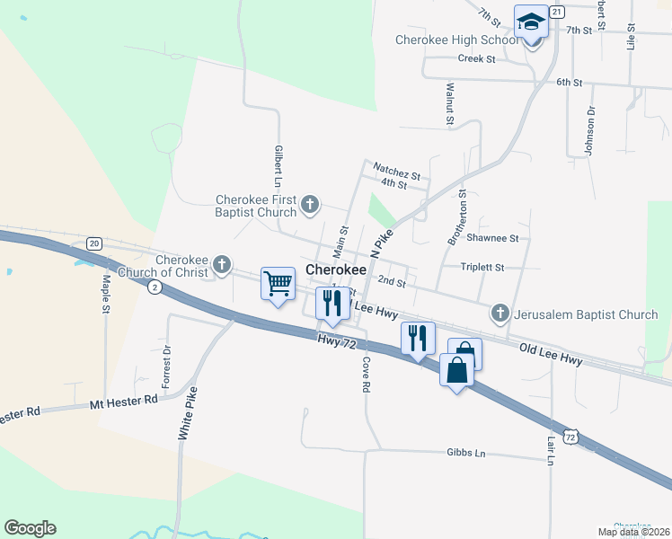 map of restaurants, bars, coffee shops, grocery stores, and more near in Cherokee