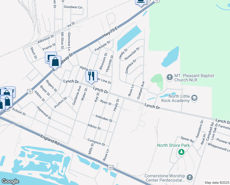 map of restaurants, bars, coffee shops, grocery stores, and more near 5207 Lynch Drive in North Little Rock