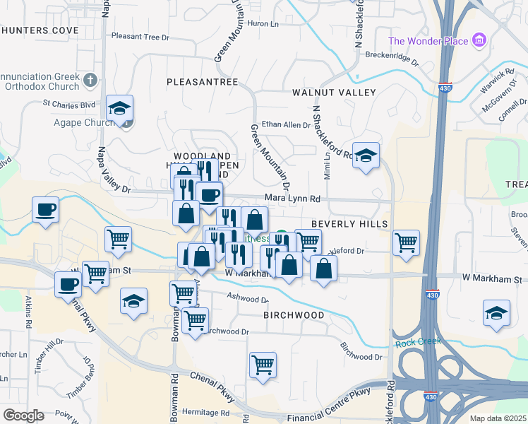 map of restaurants, bars, coffee shops, grocery stores, and more near 420 Markham Mesa Place in Little Rock