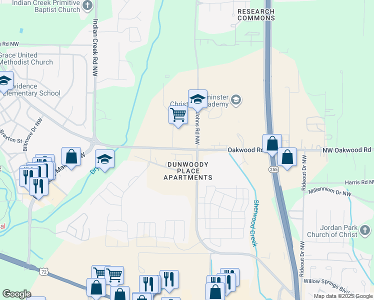 map of restaurants, bars, coffee shops, grocery stores, and more near 3304 Old Monrovia Road Northwest in Huntsville