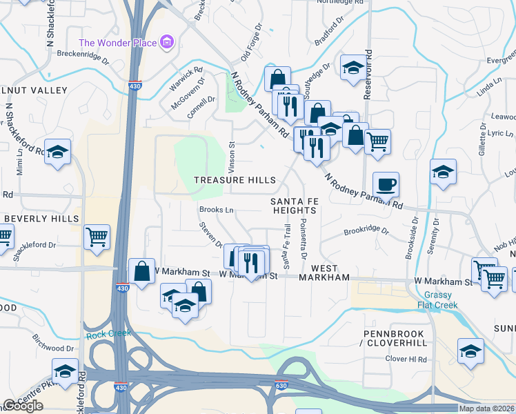 map of restaurants, bars, coffee shops, grocery stores, and more near 9805 Brooks Lane in Little Rock