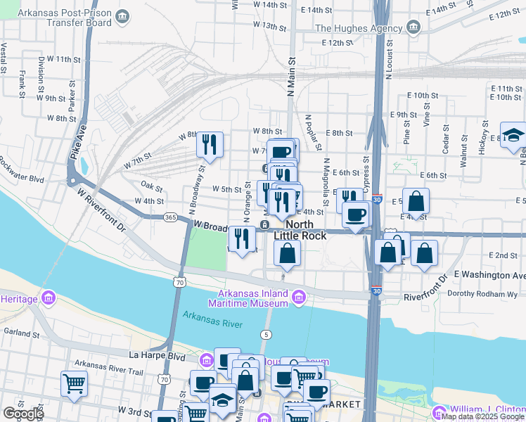 map of restaurants, bars, coffee shops, grocery stores, and more near 216 West 4th Street in North Little Rock
