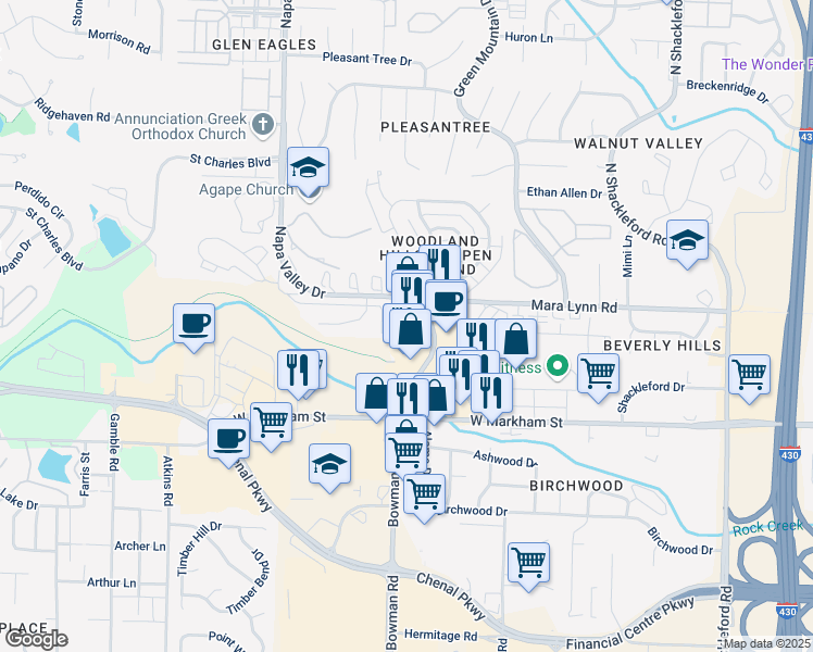 map of restaurants, bars, coffee shops, grocery stores, and more near 303 North Bowman Road in Little Rock