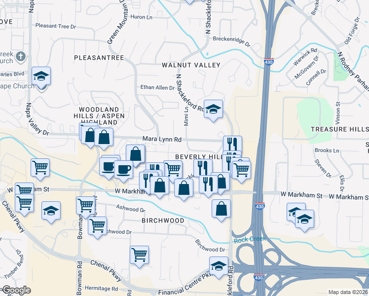 map of restaurants, bars, coffee shops, grocery stores, and more near 406 Malibu Drive in Little Rock