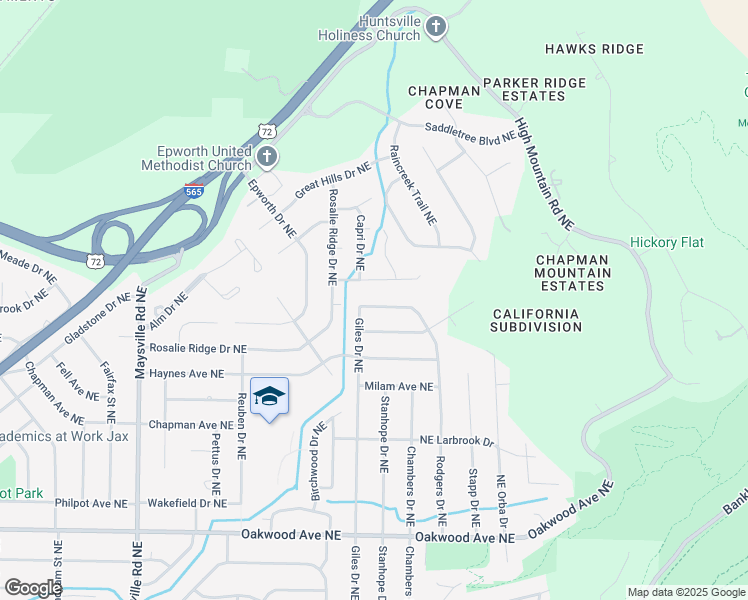 map of restaurants, bars, coffee shops, grocery stores, and more near 2321 Rodgers Drive Northeast in Huntsville