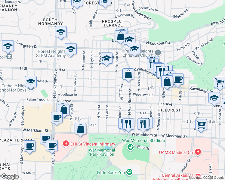 map of restaurants, bars, coffee shops, grocery stores, and more near 616 North Harrison Street in Little Rock