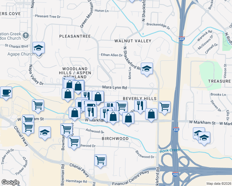 map of restaurants, bars, coffee shops, grocery stores, and more near 11401 Mesa Drive in Little Rock