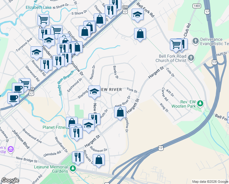 map of restaurants, bars, coffee shops, grocery stores, and more near 243 York Street in Jacksonville