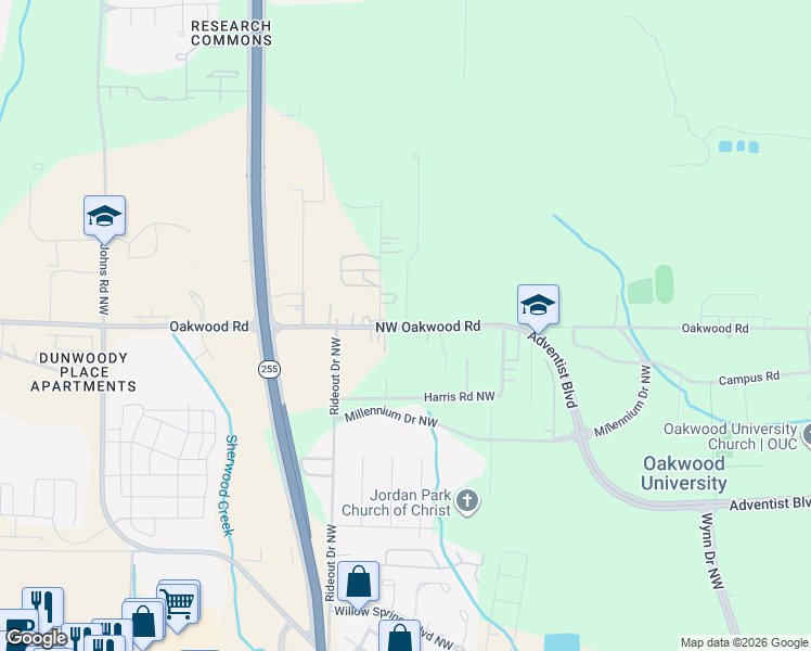 map of restaurants, bars, coffee shops, grocery stores, and more near 5525 Oakwood Road Northwest in Huntsville