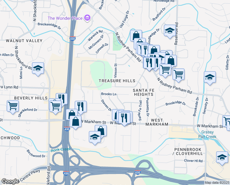 map of restaurants, bars, coffee shops, grocery stores, and more near 9911 Brooks Lane in Little Rock
