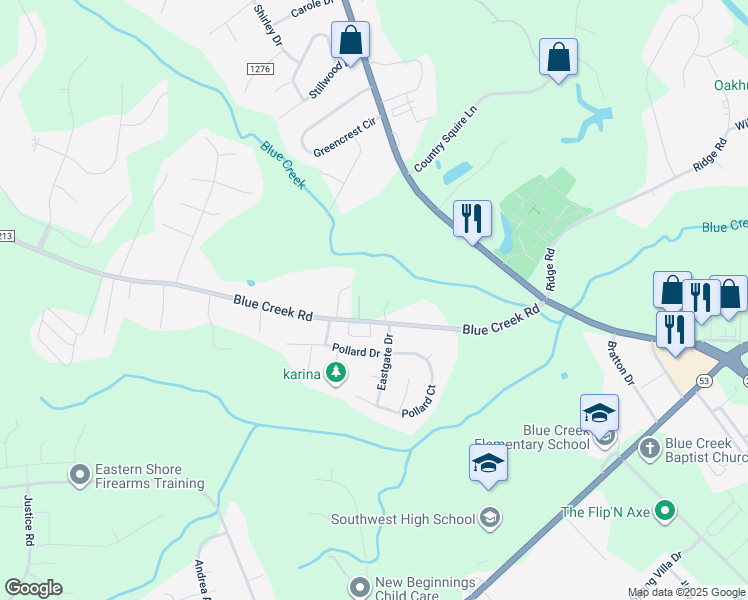 map of restaurants, bars, coffee shops, grocery stores, and more near 1186 Blue Creek Road in Jacksonville