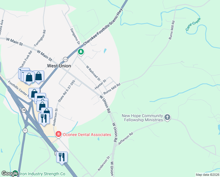 map of restaurants, bars, coffee shops, grocery stores, and more near 110 Burns Mill Road in West Union