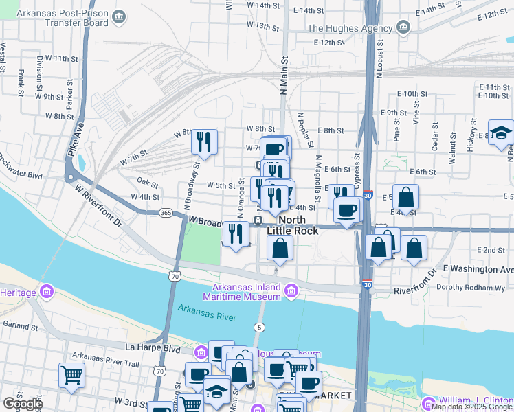 map of restaurants, bars, coffee shops, grocery stores, and more near 201 West Broadway Street in North Little Rock