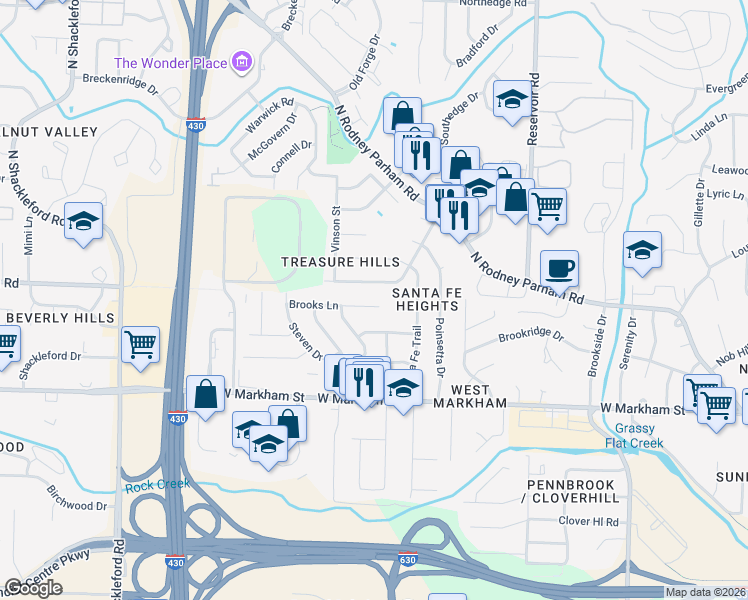 map of restaurants, bars, coffee shops, grocery stores, and more near 9805 Brooks Lane in Little Rock
