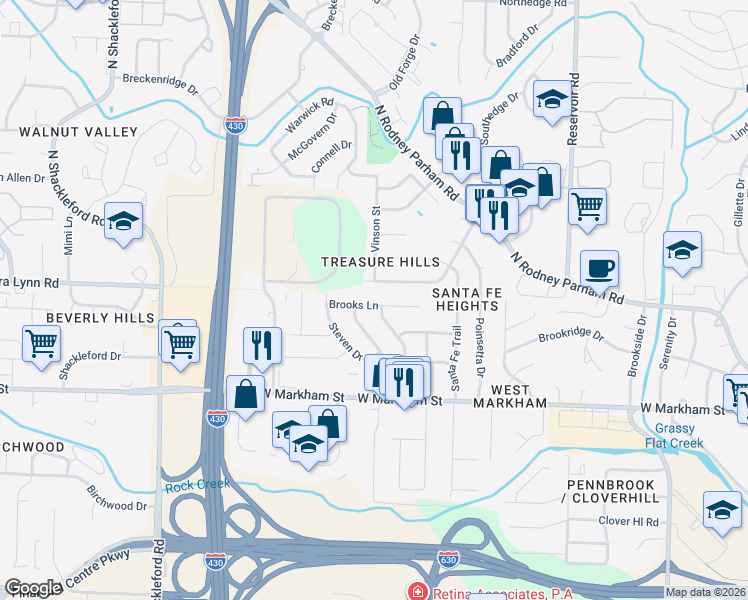 map of restaurants, bars, coffee shops, grocery stores, and more near 9911 Brooks Lane in Little Rock