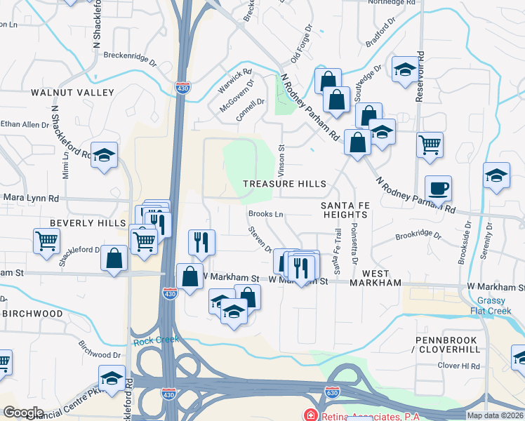 map of restaurants, bars, coffee shops, grocery stores, and more near 305 Steven Drive in Little Rock
