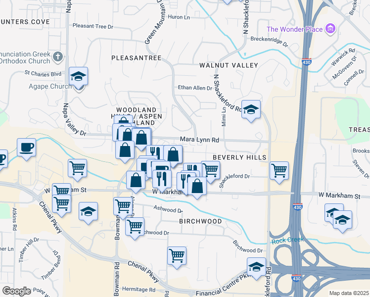 map of restaurants, bars, coffee shops, grocery stores, and more near 420 Markham Mesa Place in Little Rock