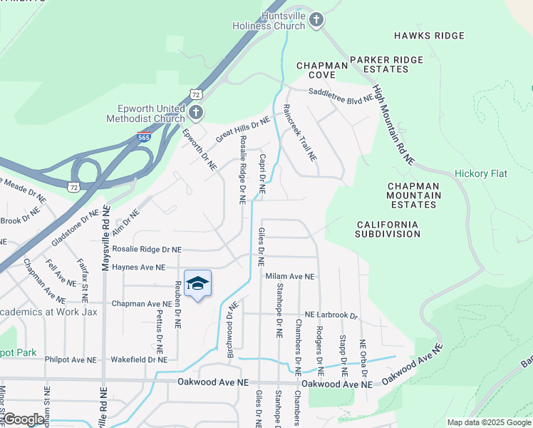 map of restaurants, bars, coffee shops, grocery stores, and more near 2321 Rodgers Drive Northeast in Huntsville