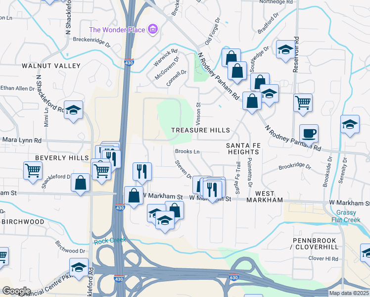 map of restaurants, bars, coffee shops, grocery stores, and more near 305 Steven Drive in Little Rock