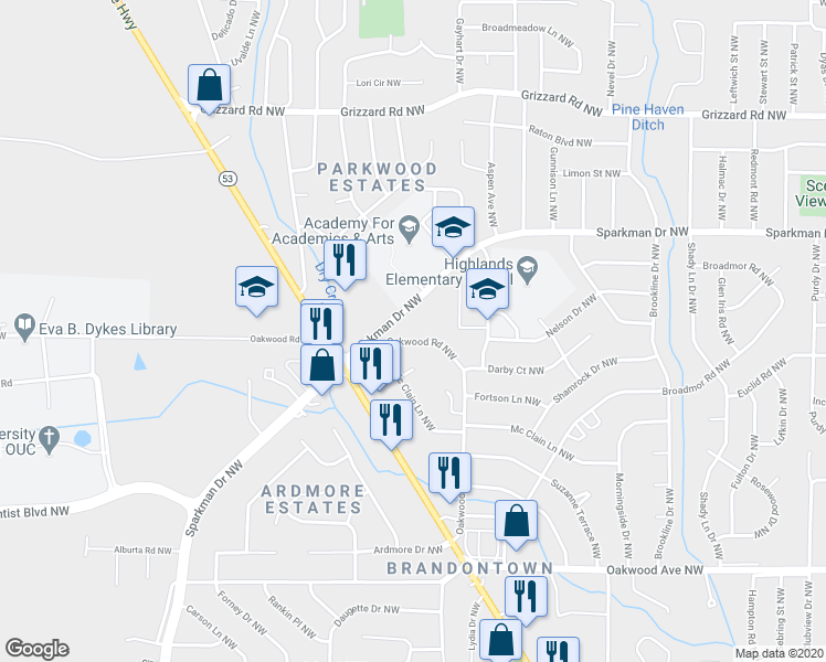 map of restaurants, bars, coffee shops, grocery stores, and more near 2716 Oakwood Road Northwest in Huntsville
