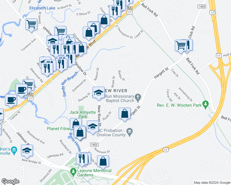 map of restaurants, bars, coffee shops, grocery stores, and more near 2256 Onslow Drive in Jacksonville