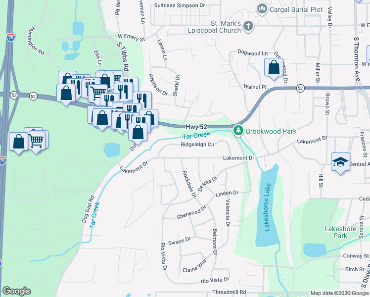 map of restaurants, bars, coffee shops, grocery stores, and more near 1301 Lakemont Drive in Dalton