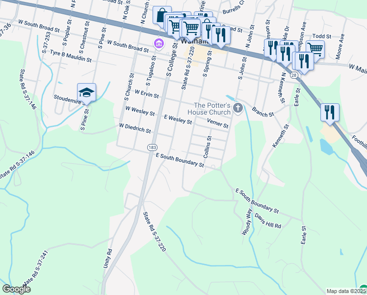 map of restaurants, bars, coffee shops, grocery stores, and more near 604 South Spring Street in Walhalla