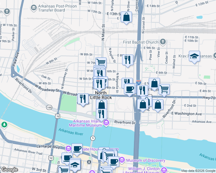 map of restaurants, bars, coffee shops, grocery stores, and more near 123 East Broadway Street in North Little Rock