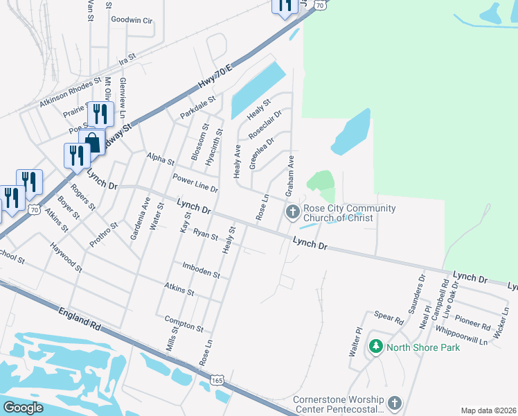 map of restaurants, bars, coffee shops, grocery stores, and more near 609 Rose Lane in North Little Rock