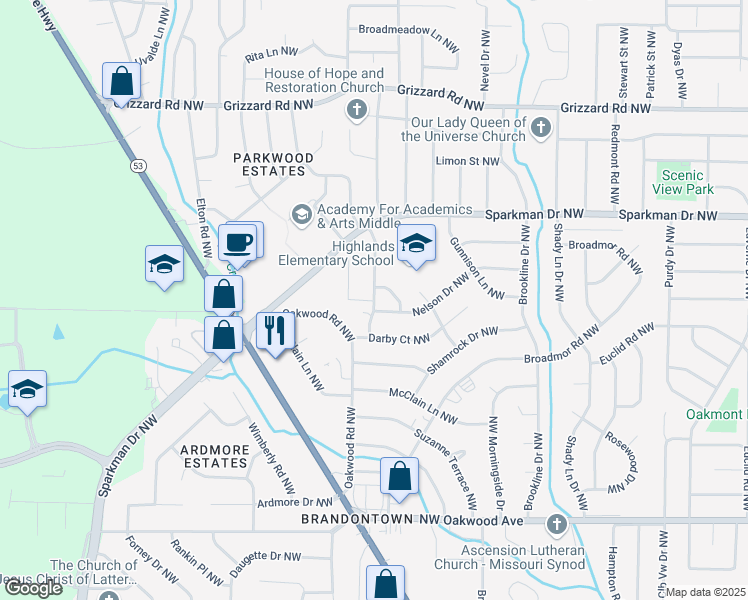 map of restaurants, bars, coffee shops, grocery stores, and more near 2500 Barney Terrace Northwest in Huntsville
