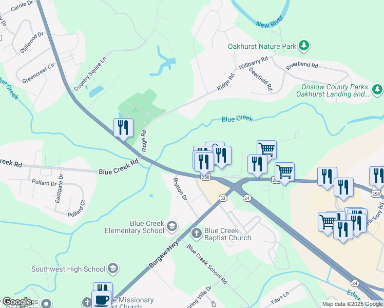 map of restaurants, bars, coffee shops, grocery stores, and more near 3100 Richlands Highway in Jacksonville