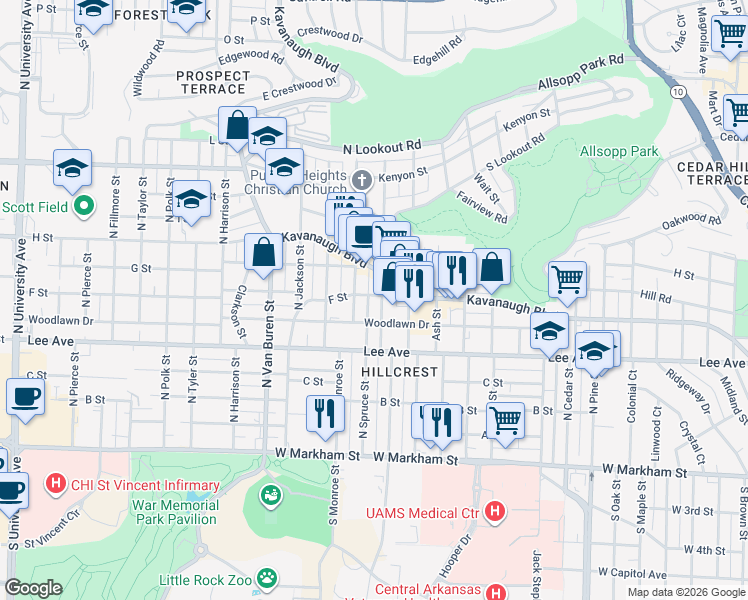 map of restaurants, bars, coffee shops, grocery stores, and more near 2821 Kavanaugh Boulevard in Little Rock